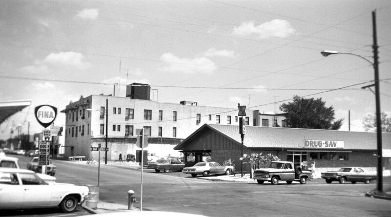 On August 28, 1982 when Lynch Harper shot this, Billy Craig sold Fina Gas refined at Mt. Pleasant’s American Petrofina Refinery fed by the pipeline from the Talco Oil Field discovered in 1936 because wildcatters Stephenson and Hinton gambled on the Carr No. 1 which hit. Mr. Harper shot this to document the day they knocked down the town’s first steam laundry to make room for a first sip of liquor by the drink. John B. built the Stephens Hotel’s Black Angus Club where the laundrymat was, about center frame in the light spot. After John B took rich in oil, he bought and touched up the old Stephens hotel in the backdrop that day, where the bell tower is now.