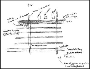 Site map of Jeremiah S. Hogue's Pottery, his home, Kilns and pits in Winfield. Map by Joe Beck of Winfield in 1975.
