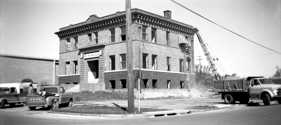 Old Cotton Belt Railroad Building being torn down in January of 1975