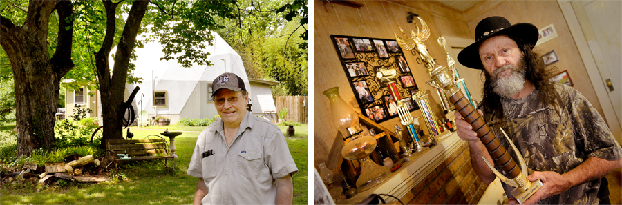 At left, taking time to ski Colorado after some years on the Alaska Pipeline, on a snowy day on a remote trail high in the Rockies, Gary Hess came upon an aluminum geodesic dome dazzled bright in snowy sunlight, an image that stuck. So he built one on the Hess Ranch. Another ranching veteran, his younger brother Richard, (right) made himself a championship-caliber weekend motorcycle drag racer.