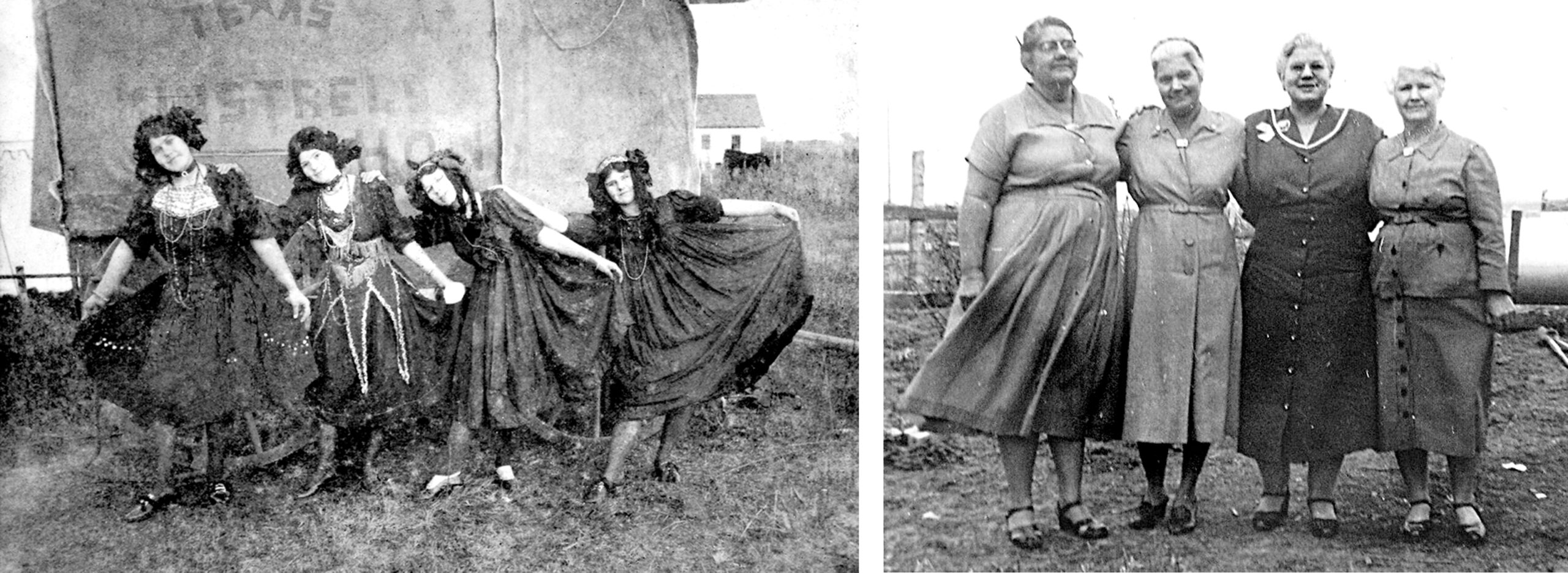 From left circa 1918, the Elder Family Show’s performing girls included Augusta Mae DeLockery along with Josie, Ada and Bennie Elder. Years later, the women posed in the same order.