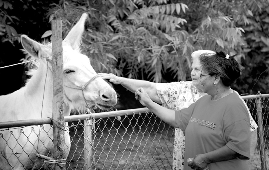 Friends Lourdes Hatfield and Wilma Brock visit Mousy.
